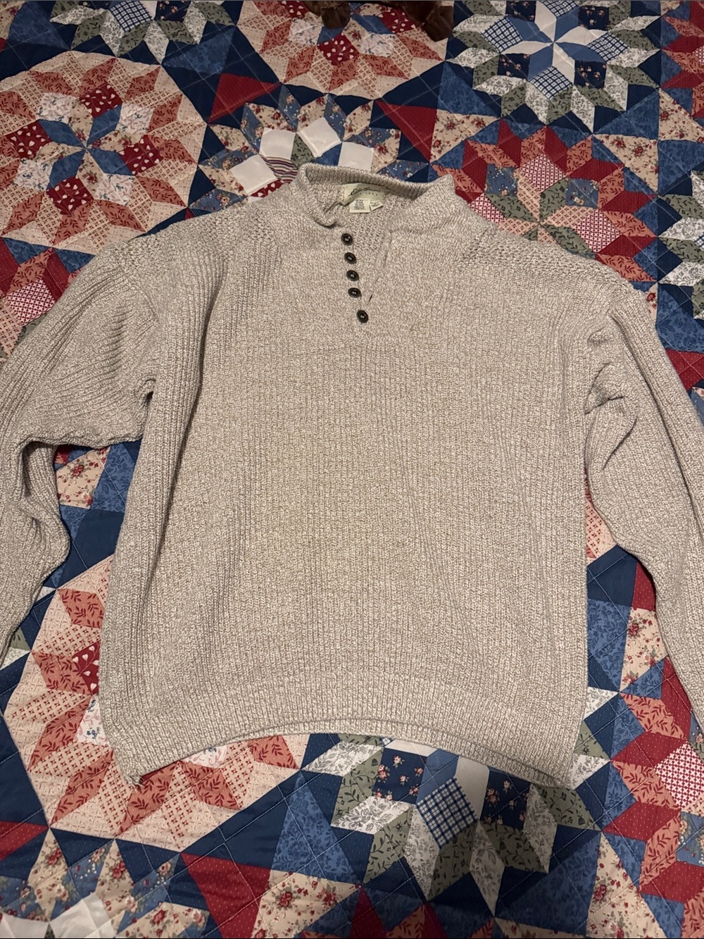 Eddie Bauer Heathered Light Gray Henley Crewneck Sweater